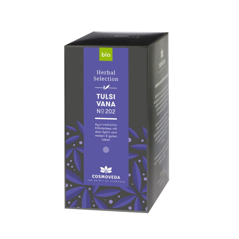 Dunkelgraue Verpackung mit lila Akzenten. Aufschrift: BIO, Herbal Selection, TULSI VANA Nr. 202. Marke: Cosmoveda.