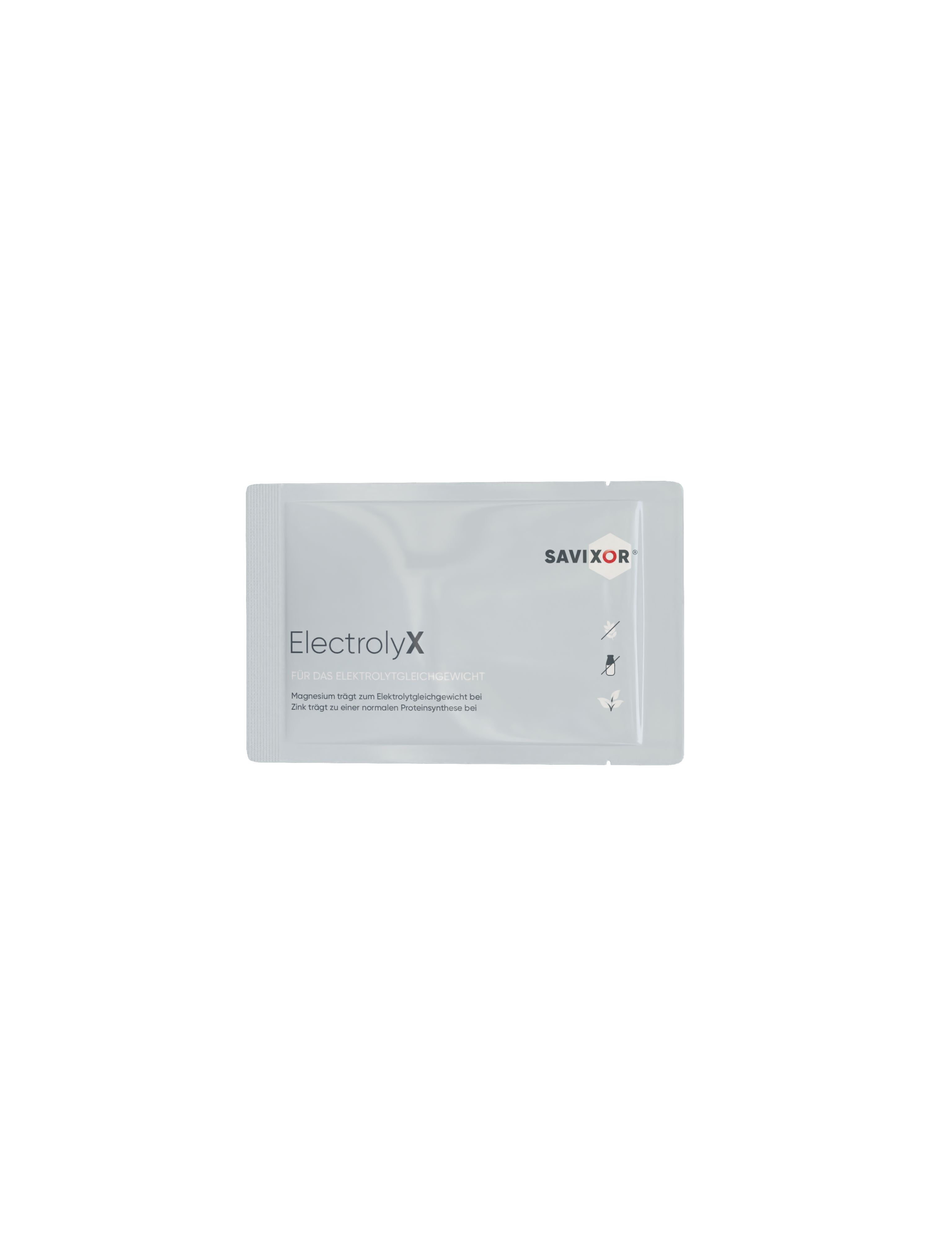 Weißer Sachet mit Text: ElektrolyX, Savixor-Logo. Drei Symbole.
