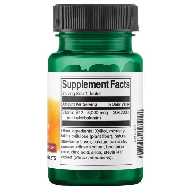 Rückseite der grünen Flasche. Etikett mit Nährwertangaben. Enthält Vitamin B12, 5.000 mcg. Weitere Inhaltsstoffe sind aufgelistet.
