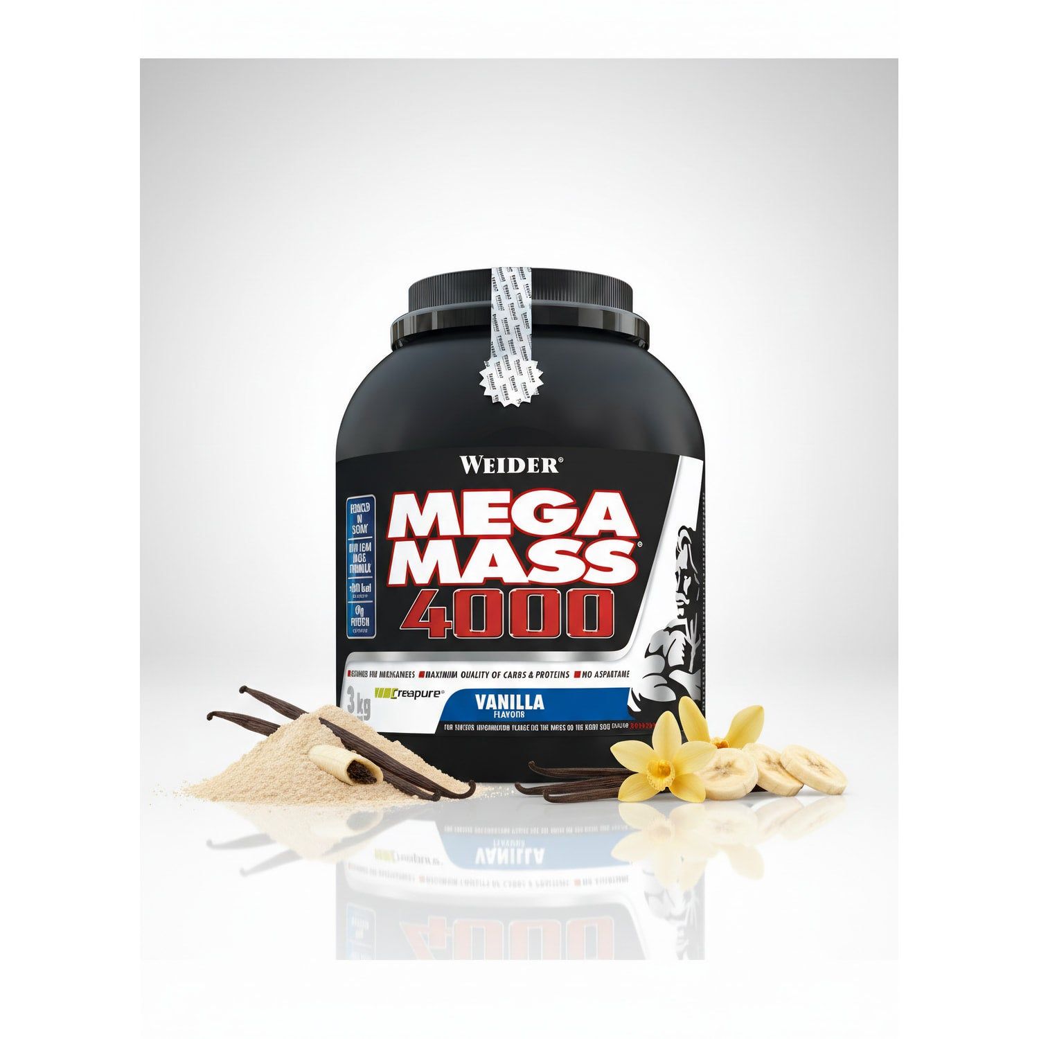 Weider Mega Mass 4000 Vanille-Geschmack, 3kg Behälter mit Pulver, Bananen- und Vanilleschoten.