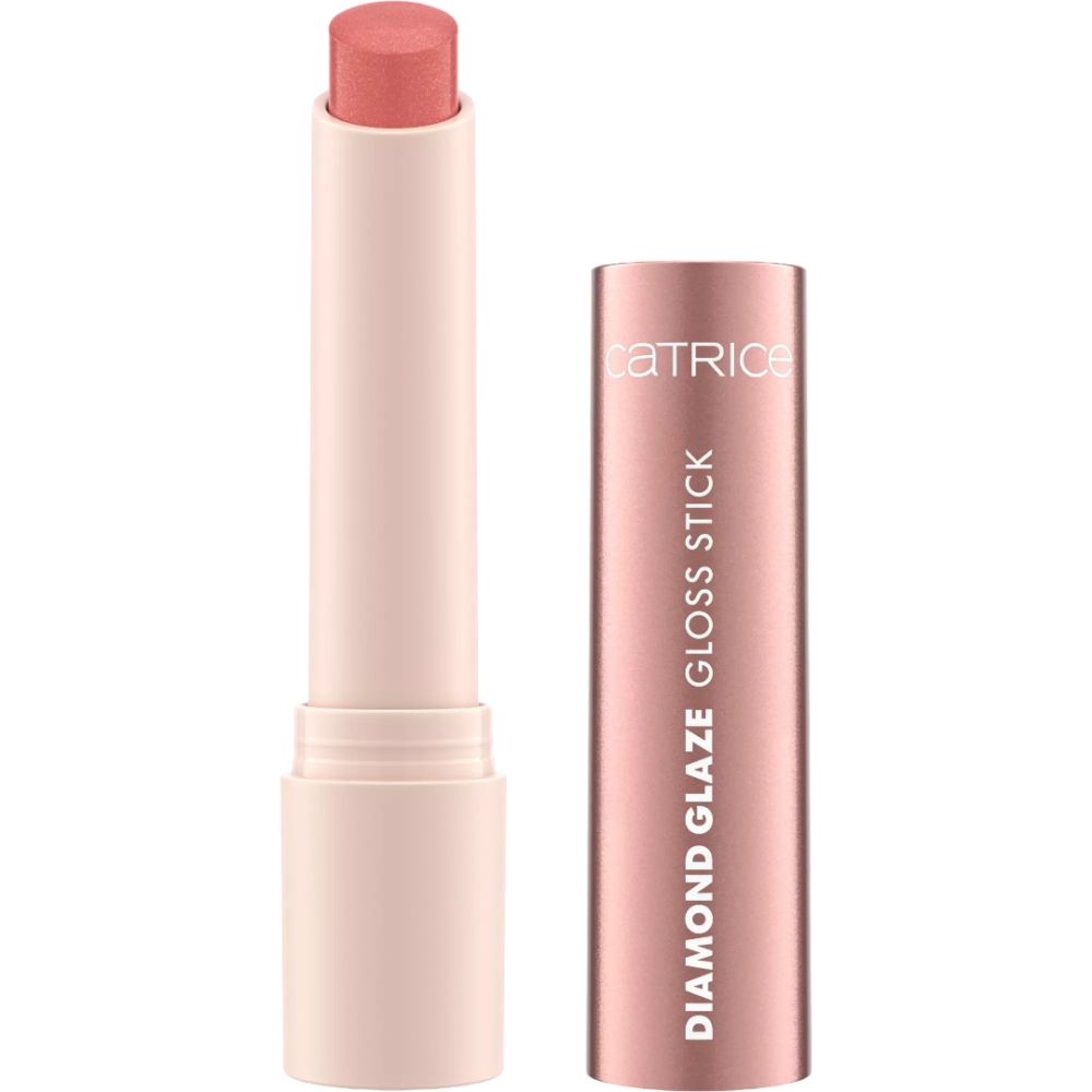 Ein rosafarbener Gloss Stick mit silbernem Aufdruck "CATRICE DIAMOND GLAZE GLOSS STICK".