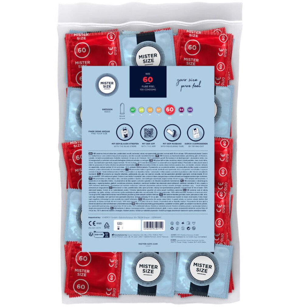 Verpackung mit Kondomen. Rückseite mit Informationen und Piktogrammen. Kondome in Rot und Blau mit der Aufschrift "Mister Size 60".