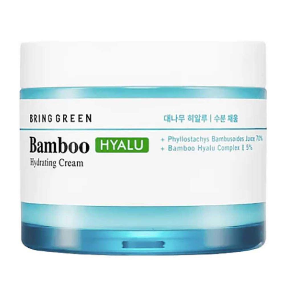 Cremebehälter mit weißem Deckel und blauem Boden. Aufschrift: Bring Green, Bamboo Hyalu Hydrating Cream.