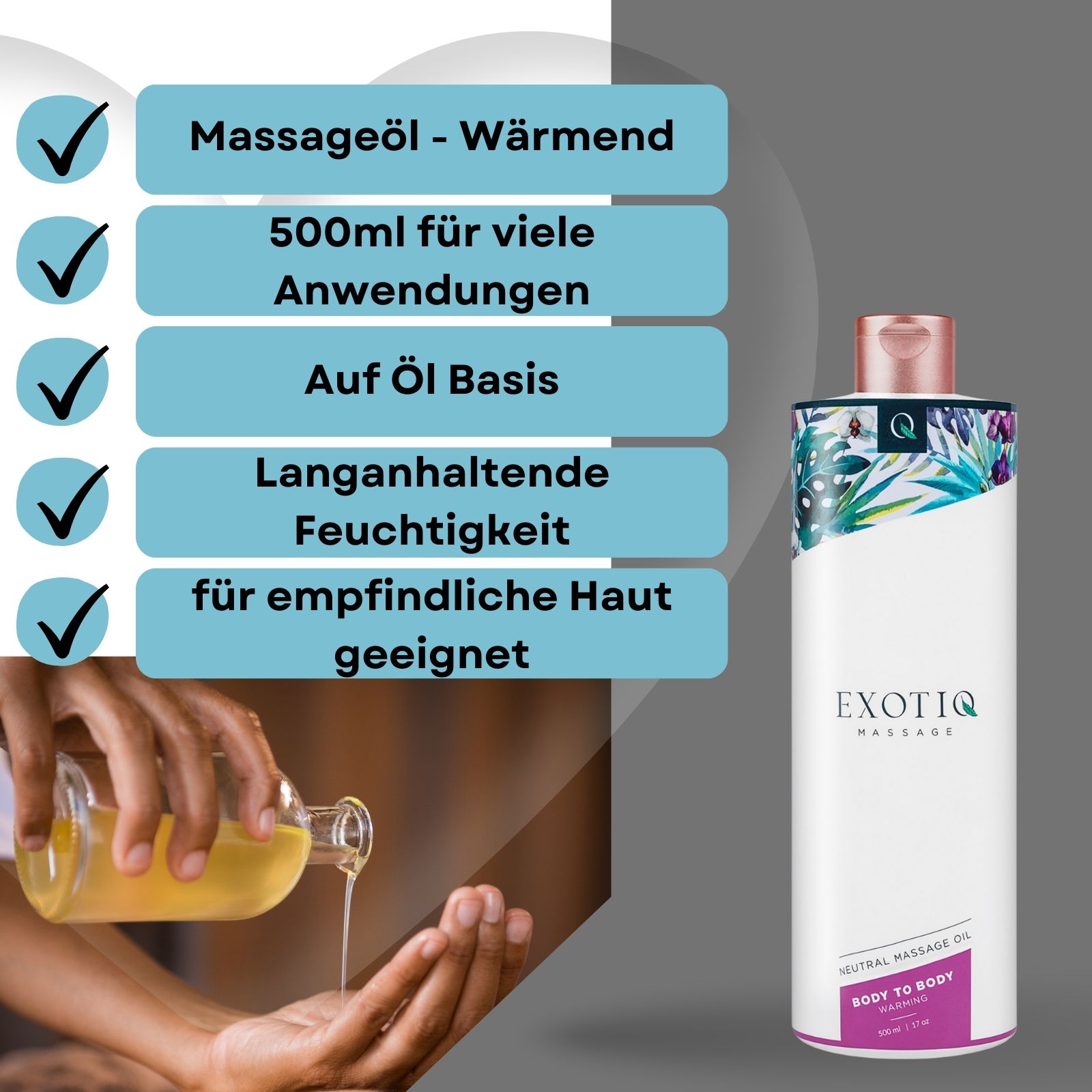 Massageöl wird in die Hand gegossen. Flasche mit Text und Logo.