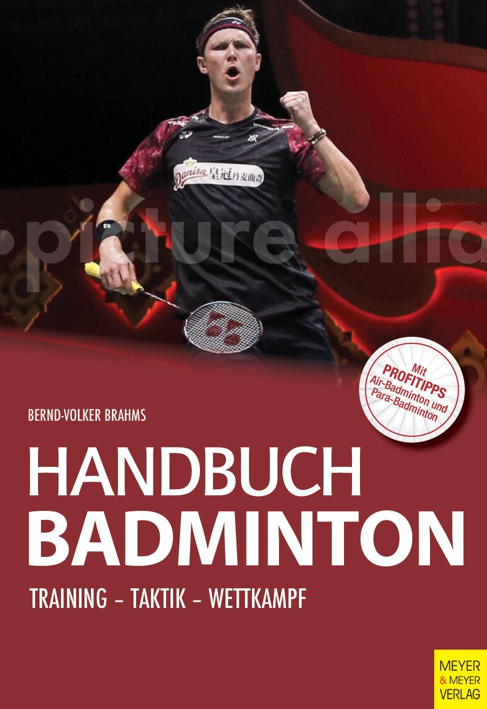 Buchcover: Handbuch Badminton. Titel, Autor, und Logos. Abbildung eines Badmintonspielers mit Schläger.