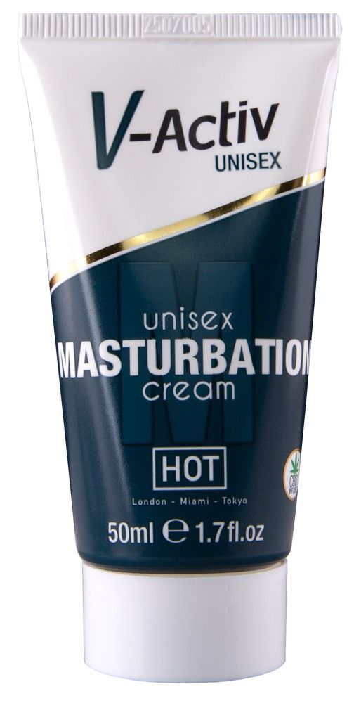 Tube mit Produktinformationen. V-Activ Unisex Masturbationscreme. 50ml. Mit CBD-Logo.