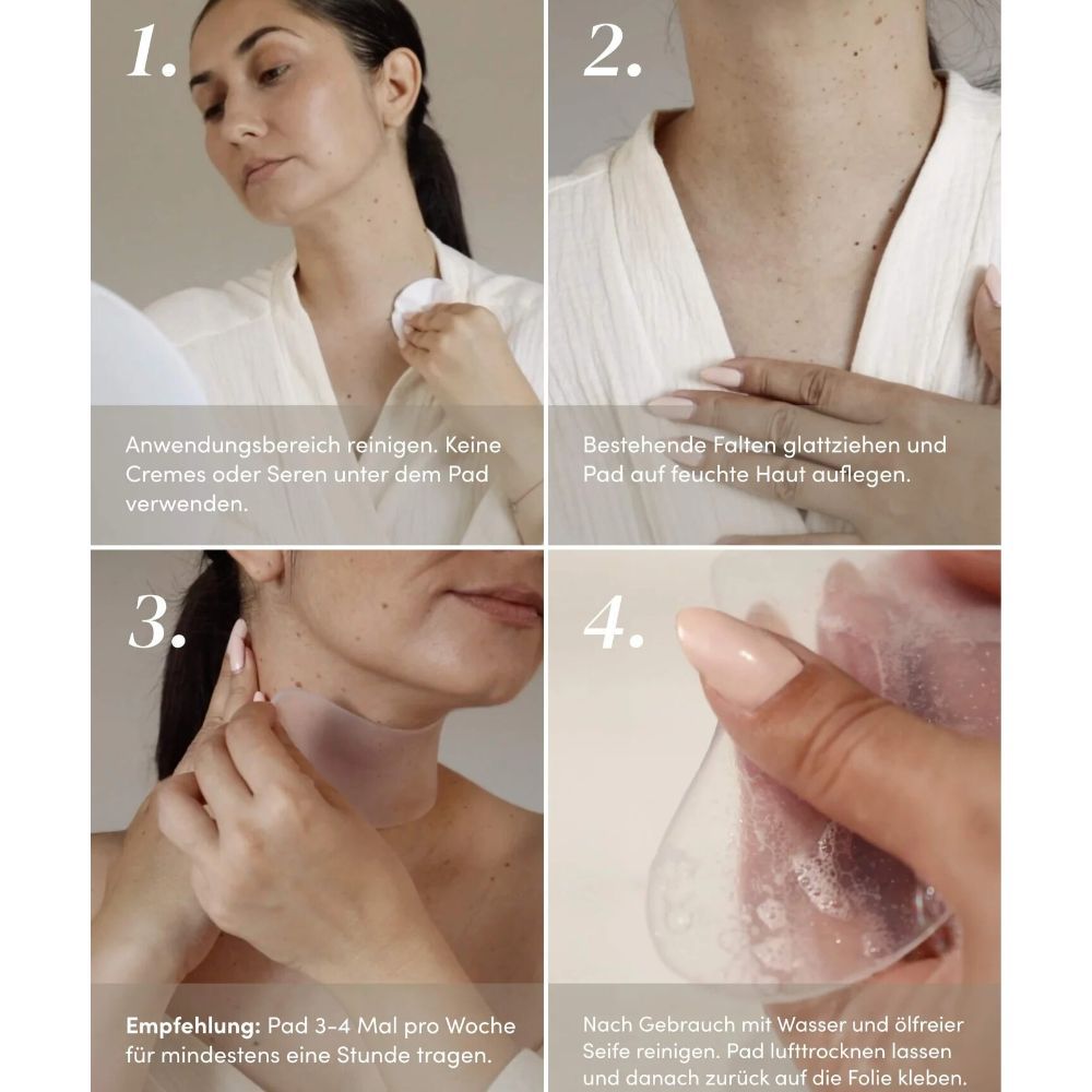 Anwendungsschritte. Frau reinigt, glättet, trägt und lagert das Pad.