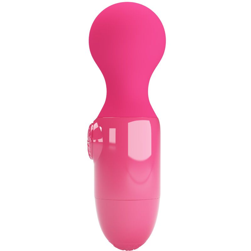 Magenta Mini Massager. Zylindrischer Körper, abgerundeter Kopf. Bedienfeld mit Knöpfen. Glatte Oberfläche.