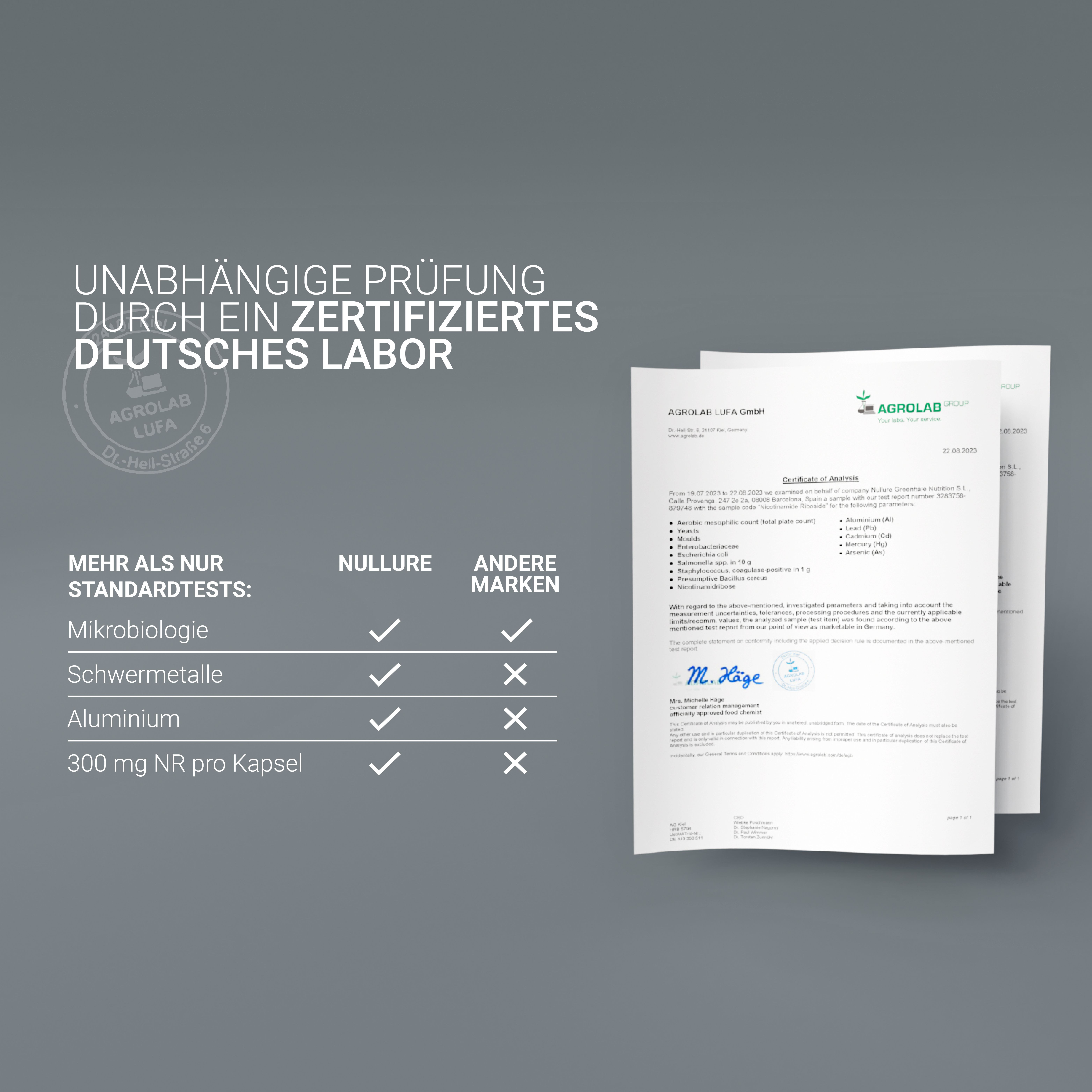 Zertifizierungsdokumente. Text: Unabhängige Prüfung durch ein zertifiziertes deutsches Labor. Agrolab.