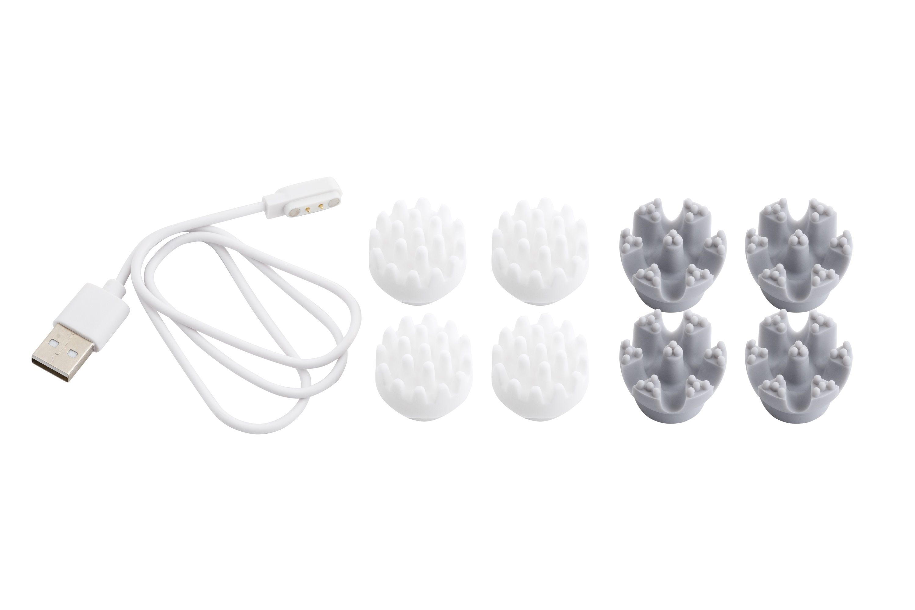 Zubehör für ein elektrisches Kopfmassagegerät: USB-Kabel und sechs austauschbare Massageköpfe in Weiß und Grau.
