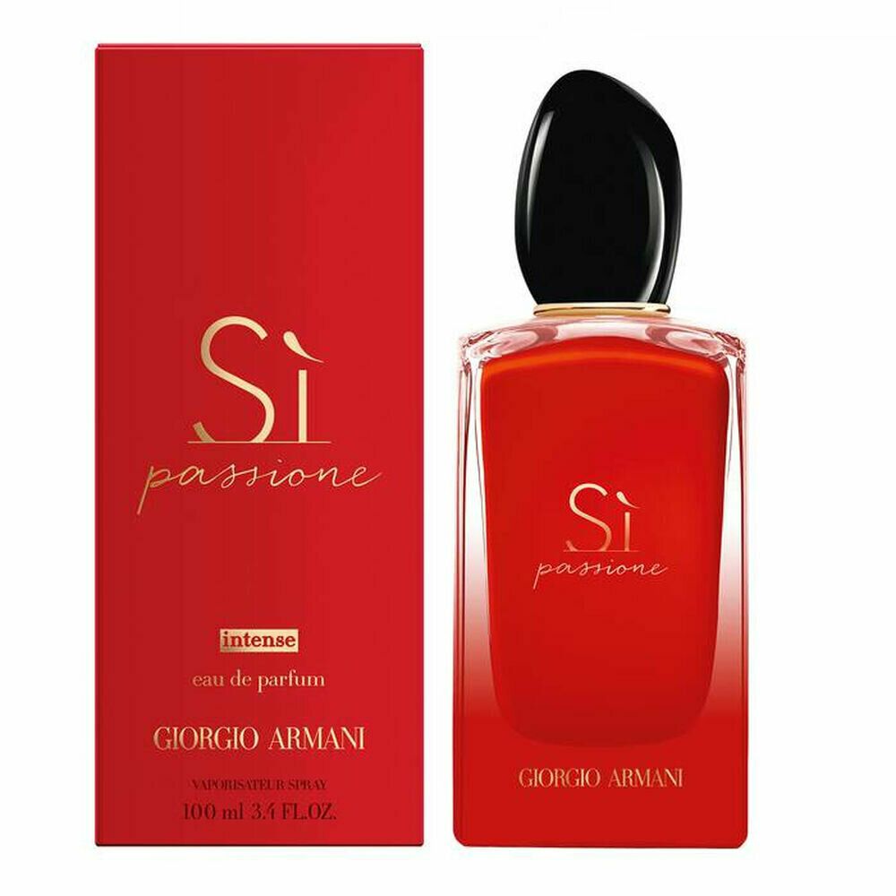 Roter Flakon und Schachtel. Aufschrift "Sì passione intense" und "Giorgio Armani".