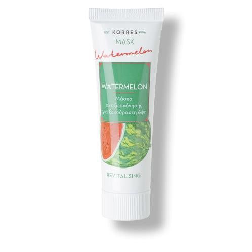 Weiße Tube mit grünem Etikett. Aufschrift: KORRES, Watermelon, Maske. Abbildung einer Wassermelone. Revitalisierend.