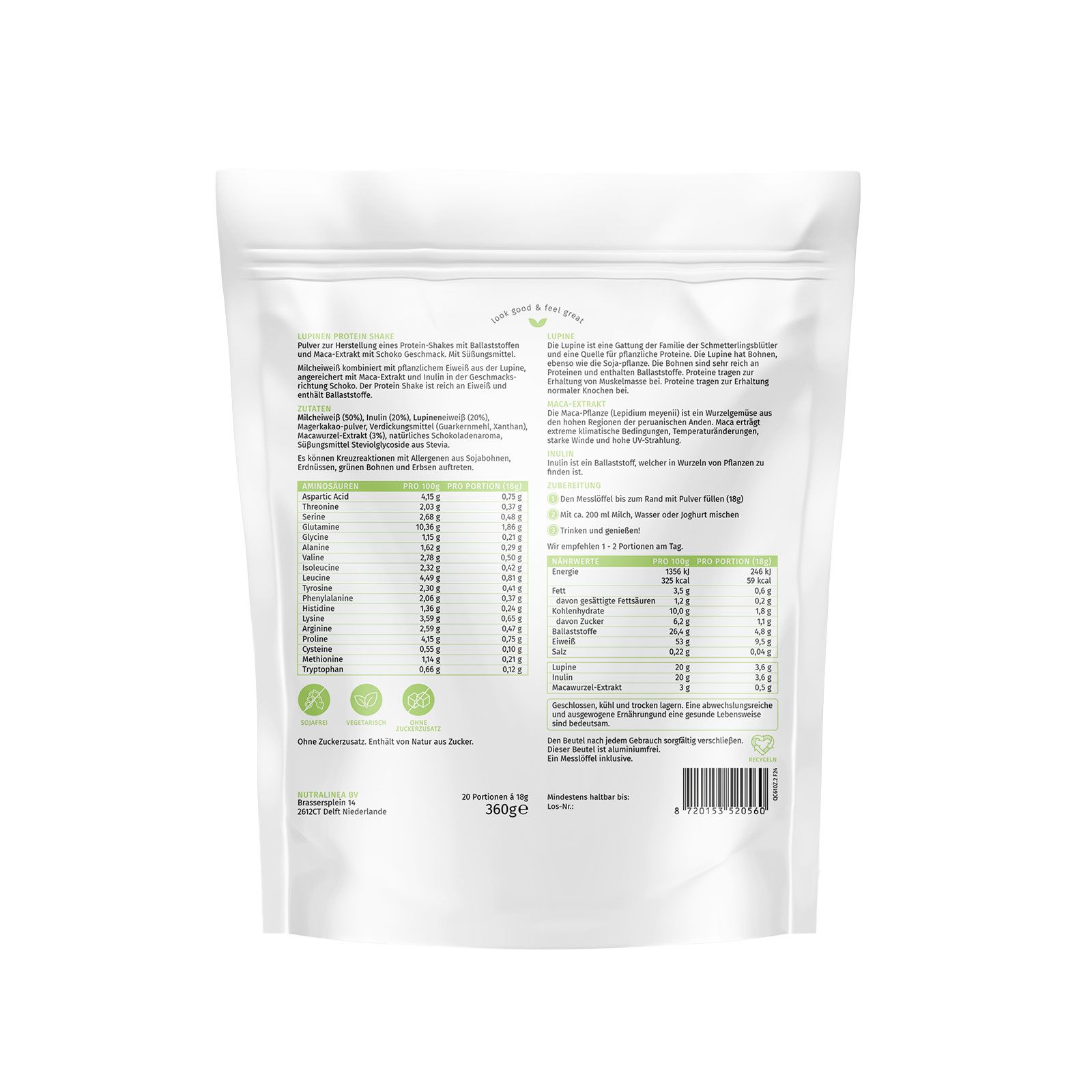 Rückseite des "Lupinen Protein Shake"-Beutels. Enthält Nährwertangaben, Zutatenliste und Herstellerinformationen.