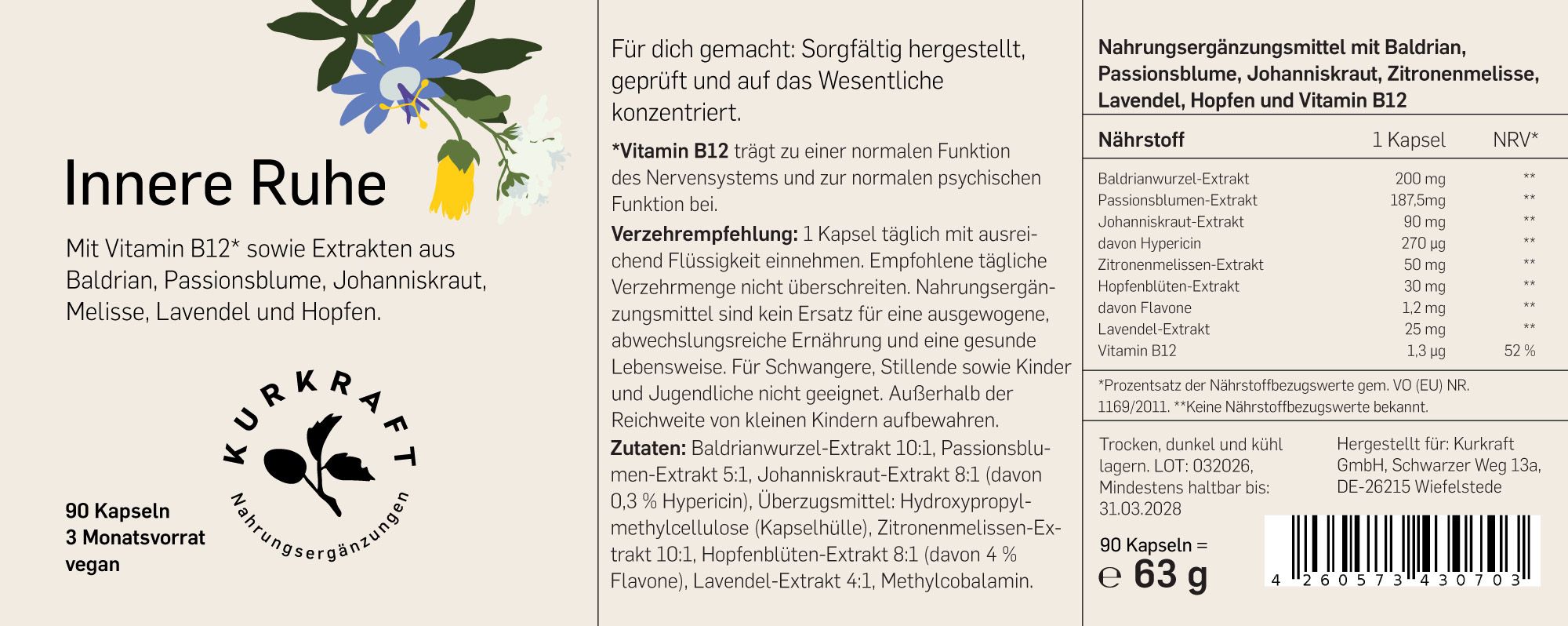 Produktverpackung. Text: Innere Ruhe. 90 Kapseln, 3 Monatsvorrat, vegan. Inhaltsstoffe: Baldrian, Passionsblume, Johanniskraut, Melisse, Lavendel, Hopfen, Vitamin B12. Nährwertangaben.