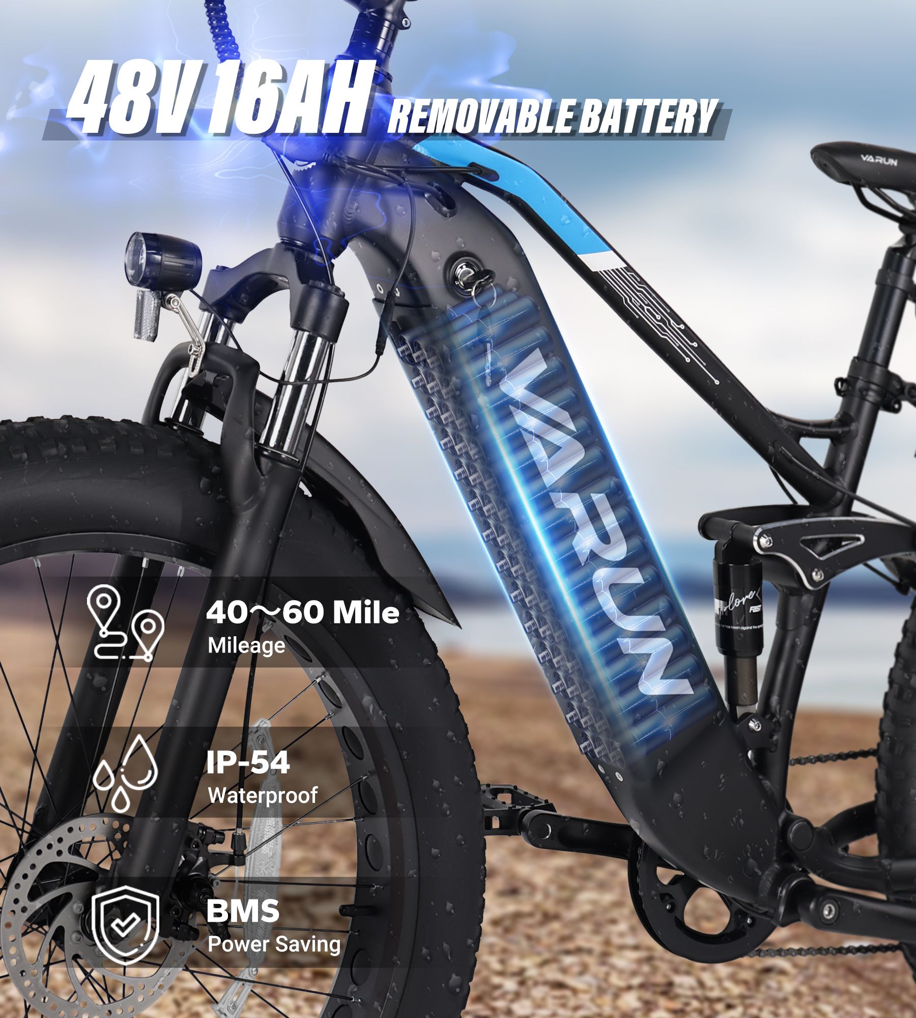 E-Bike mit 48V 16Ah Akku. Abnehmbarer Akku. Reichweite 40-60 Meilen. IP-54 wasserdicht. BMS.