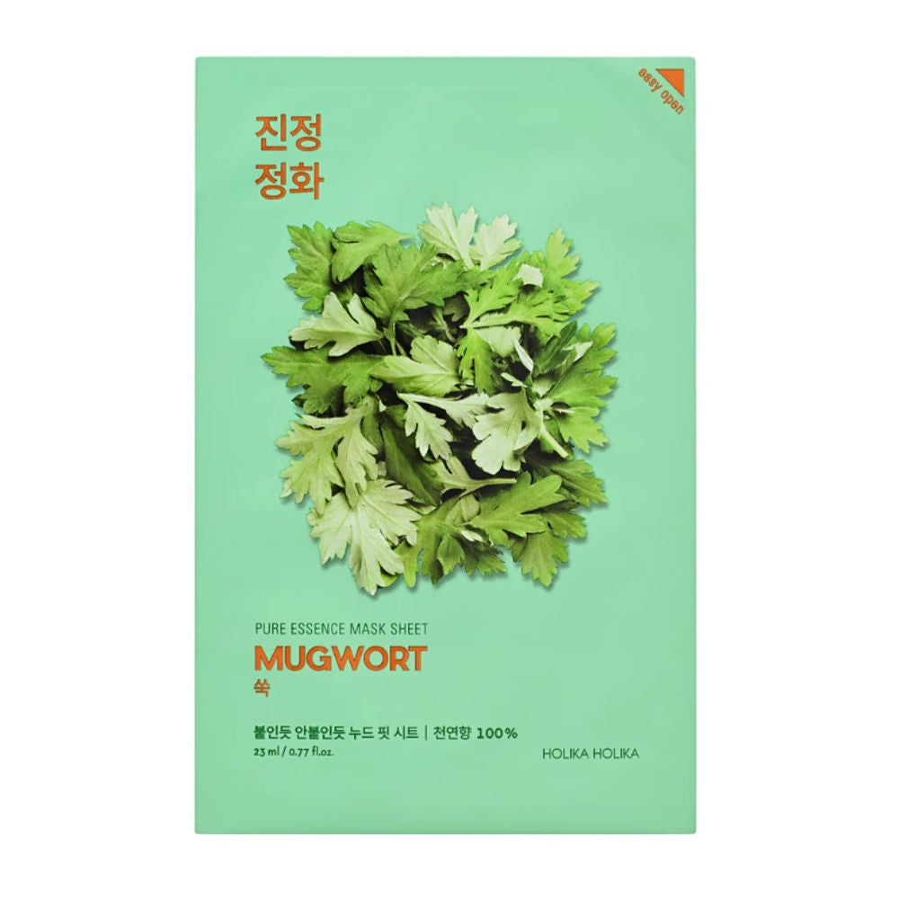 Gesichtsmaske mit Mugwort-Extrakt. Grünliche Verpackung mit Kräuterabbildung und Schriftzug. Marke Holika Holika.