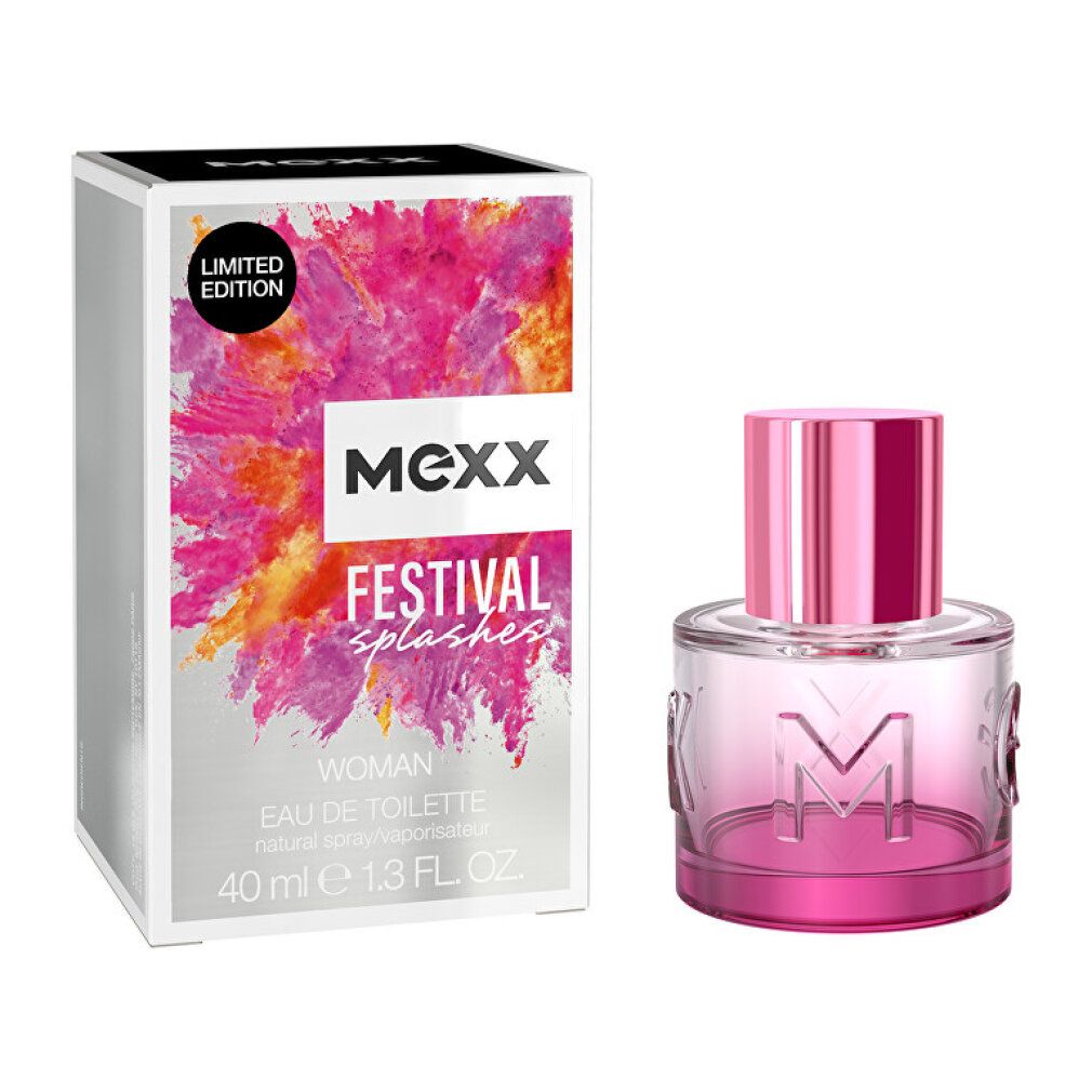 Mexx Festival Splashes Frau Eau de Toilette. Flakon und Verpackung. Rosa und silberne Farbgebung. Limited Edition.