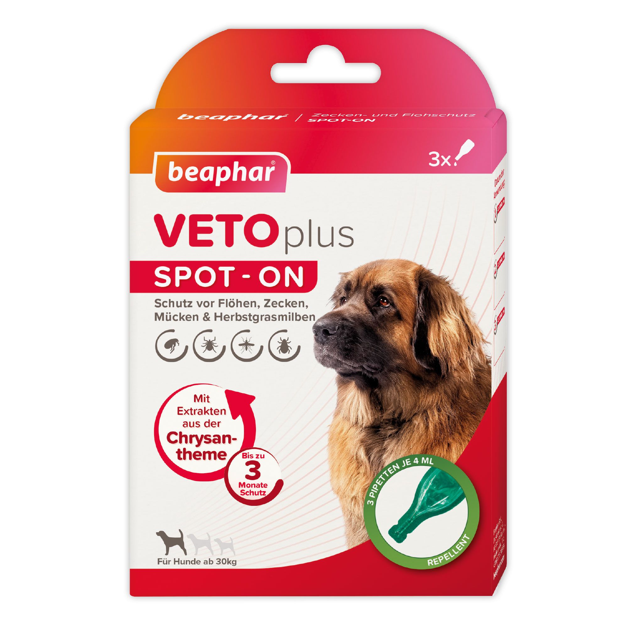Beaphar VETOplus SPOT-ON Packung. Schutz vor Flöhen, Zecken, Mücken & Herbstgrasmilben. Mit Extrakten aus der Chrysantheme. 3 Pipetten.