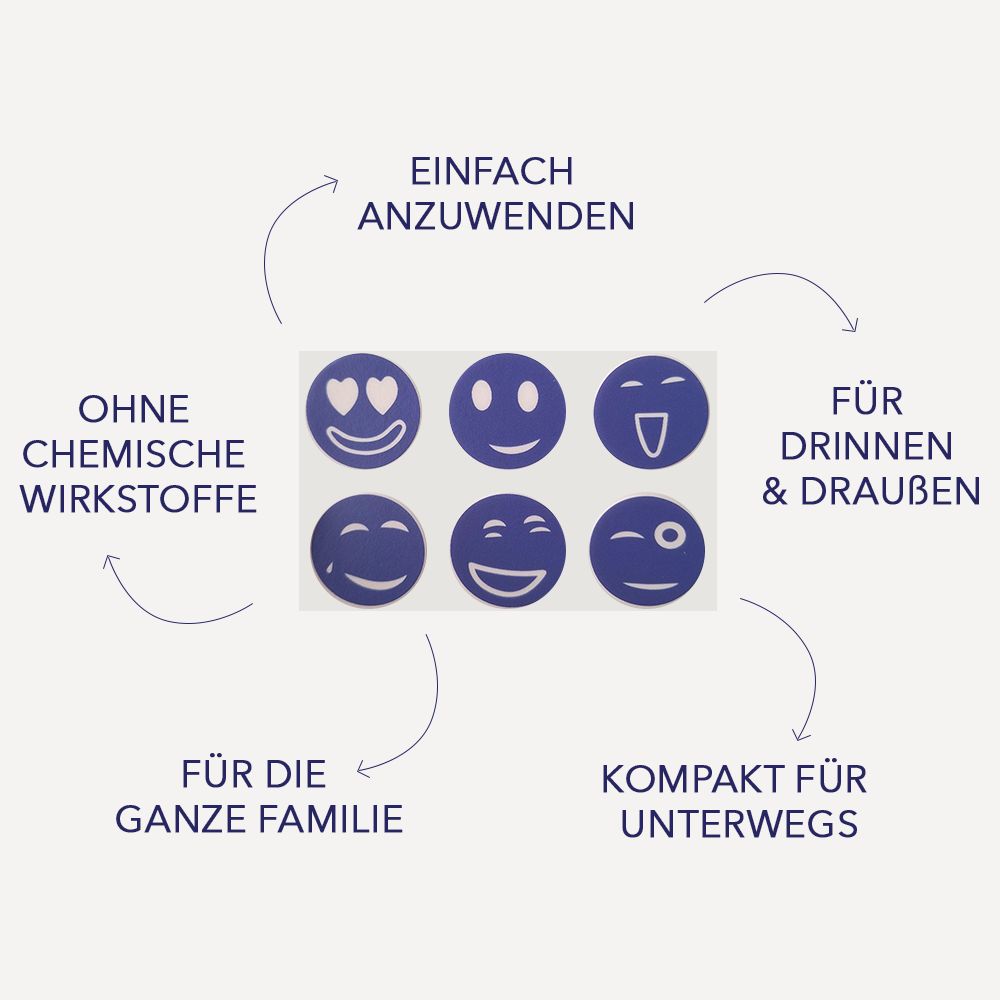 Sechs blaue Smiley-Pflaster. Text: Ohne chemische Wirkstoffe, für drinnen & draußen, für die ganze Familie, kompakt für unterwegs.