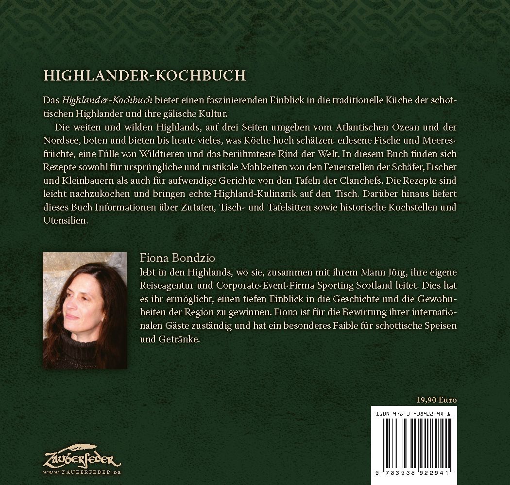 Rückseite des Kochbuchs "Highlander-Kochbuch". Text, Foto der Autorin Fiona Bondzio, Preis 19,00 Euro, ISBN-Code.