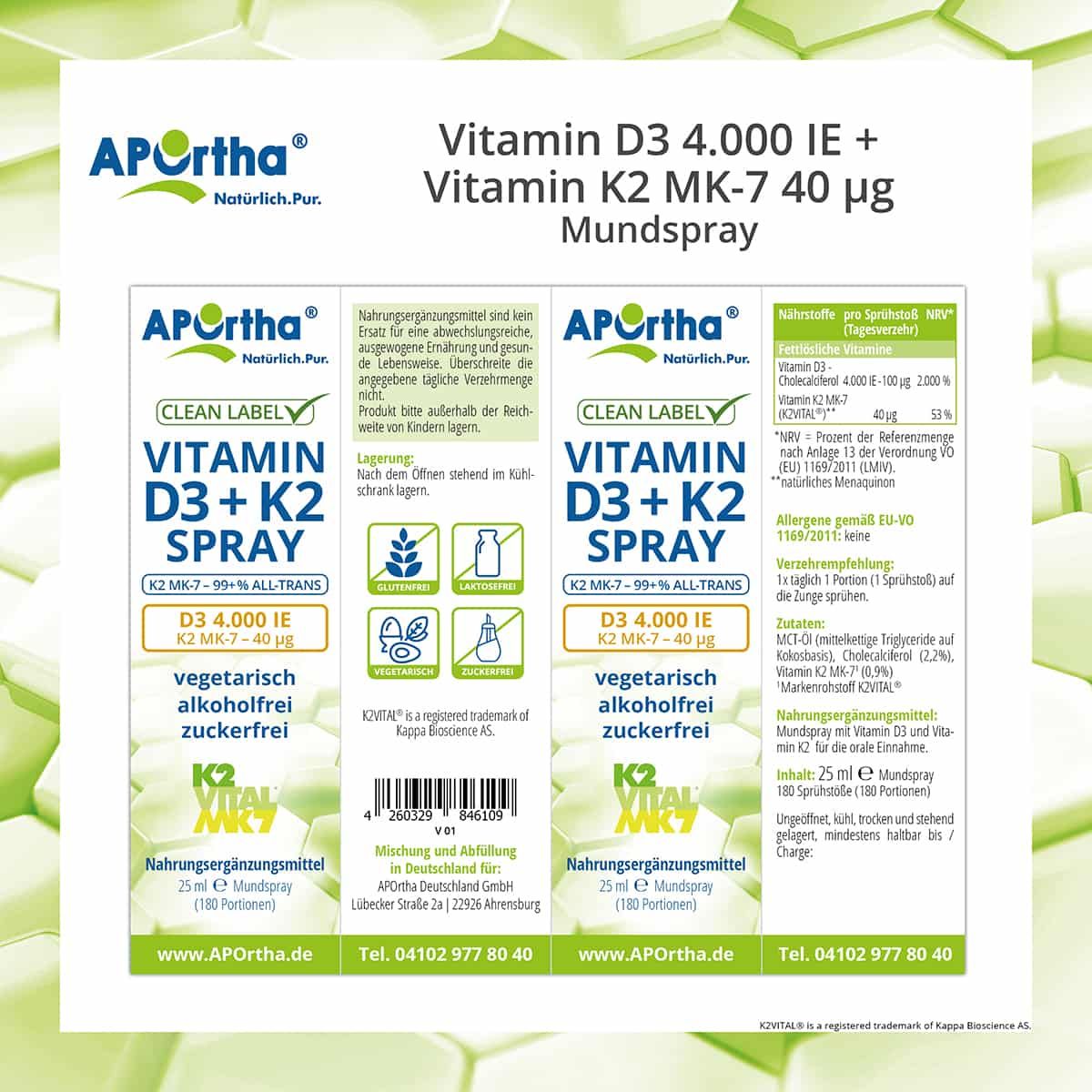 Drei Produktverpackungen mit Informationen zu Inhaltsstoffen und Zertifizierungen. Enthält Angaben zu Vitamin D3 und K2.