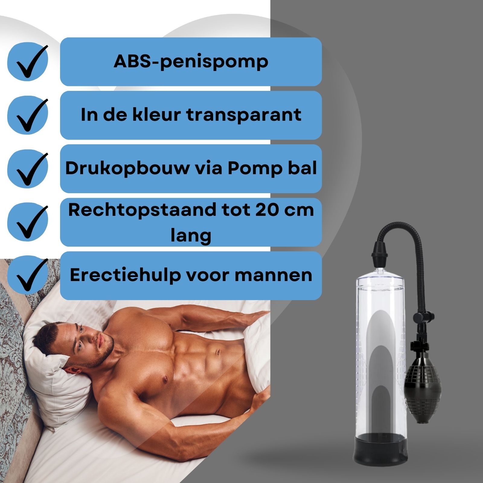Penis pomp met pompbal. Man in bed.