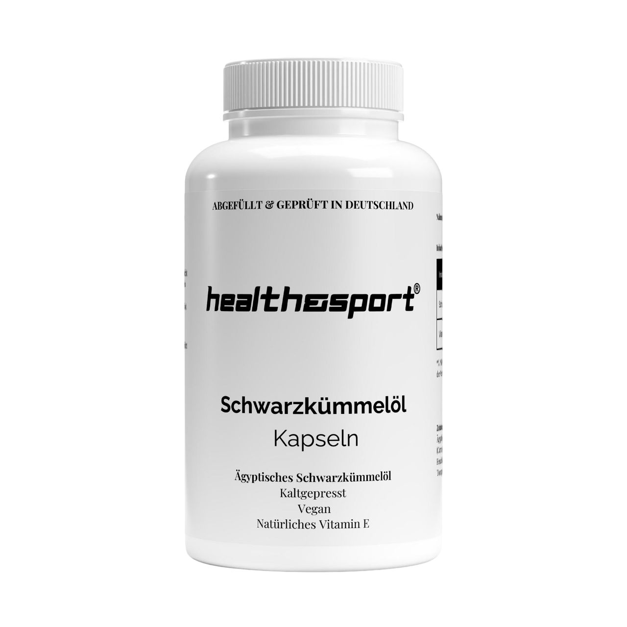 Weiße Kapseln-Dose mit schwarzer Schrift. Aufschrift: health & sport, Schwarzkümmelöl Kapseln. Vegan, Natürliches Vitamin E.