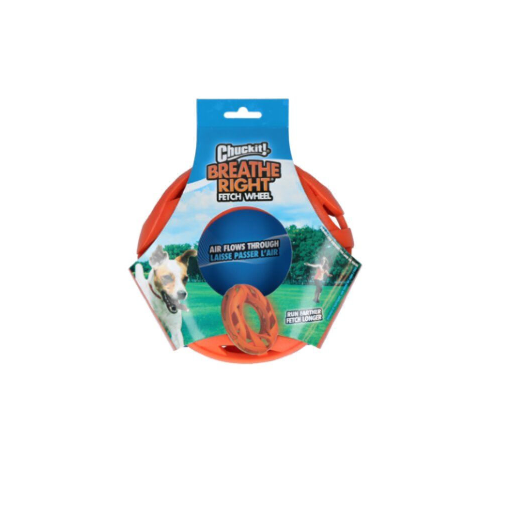 Verpackung mit orangefarbenem Ring. Text: 'Chuckit! BREATHE RIGHT FETCH WHEEL'.