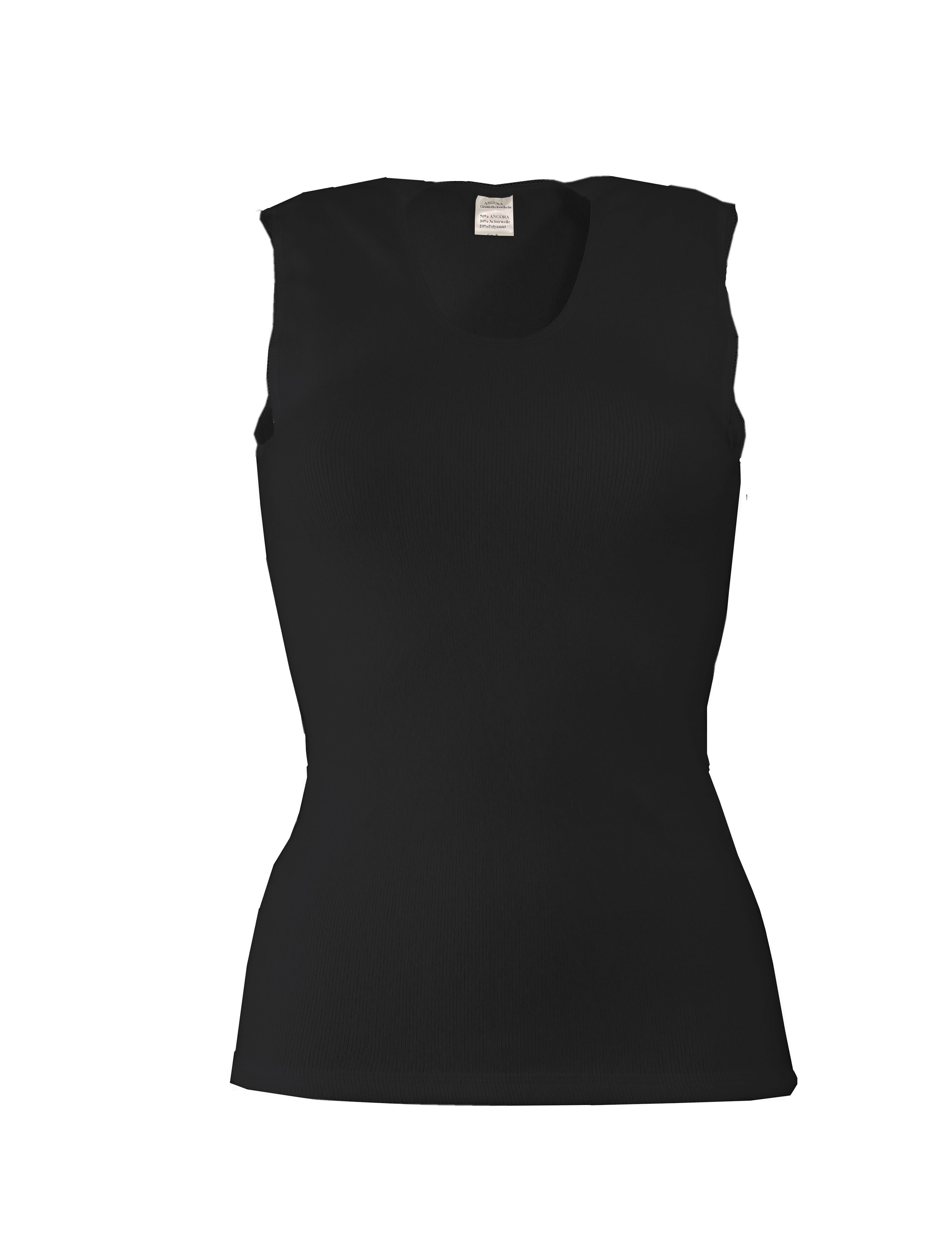 Schwarzes Damenunterhemd ohne Arm. Rundhalsausschnitt. Angora-Material. Etikett am Nacken.
