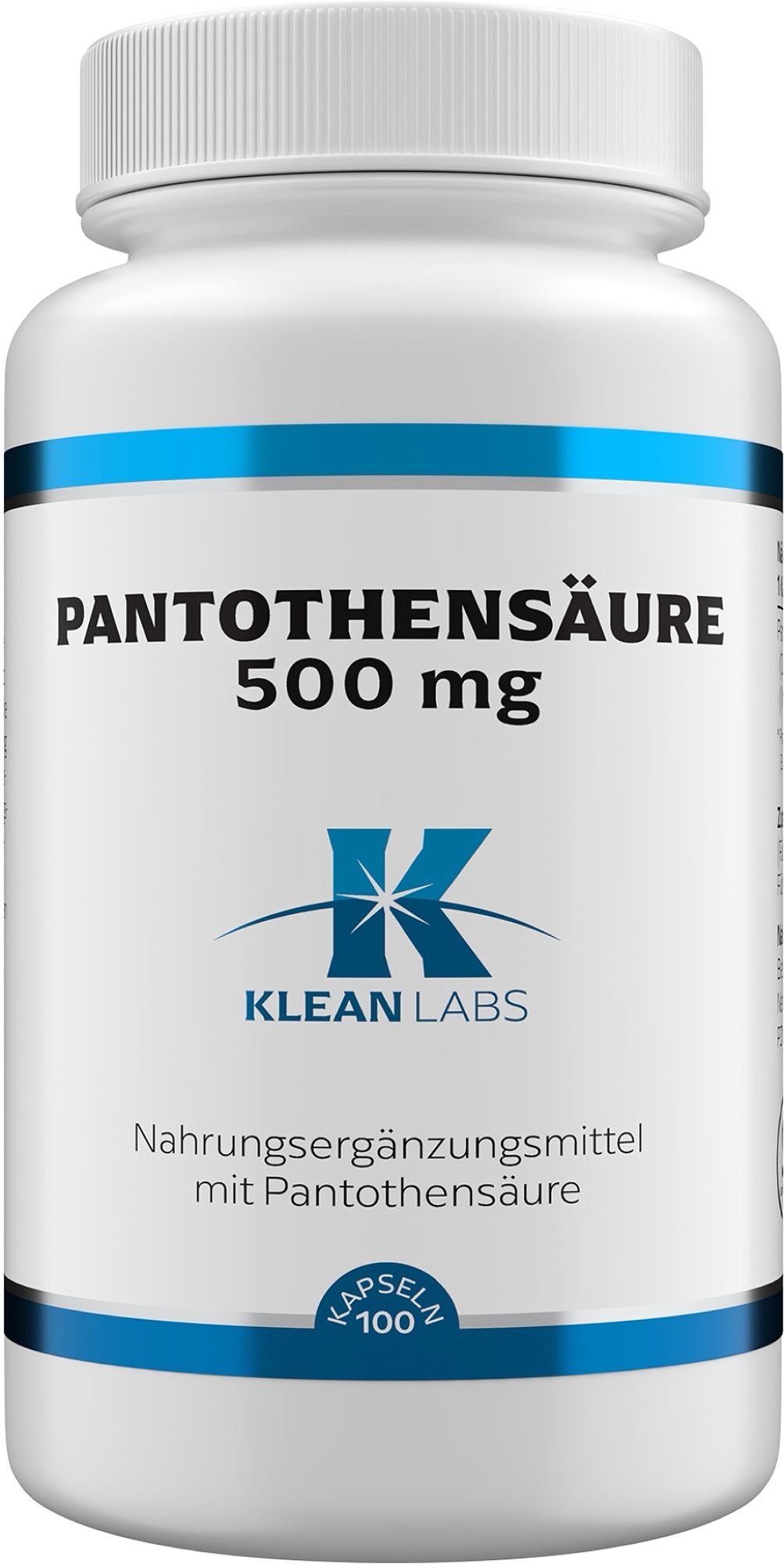 Weiße Kapsel mit blauem Etikett: Pantothensäure 500 mg, Klean Labs, 100 Kapseln.