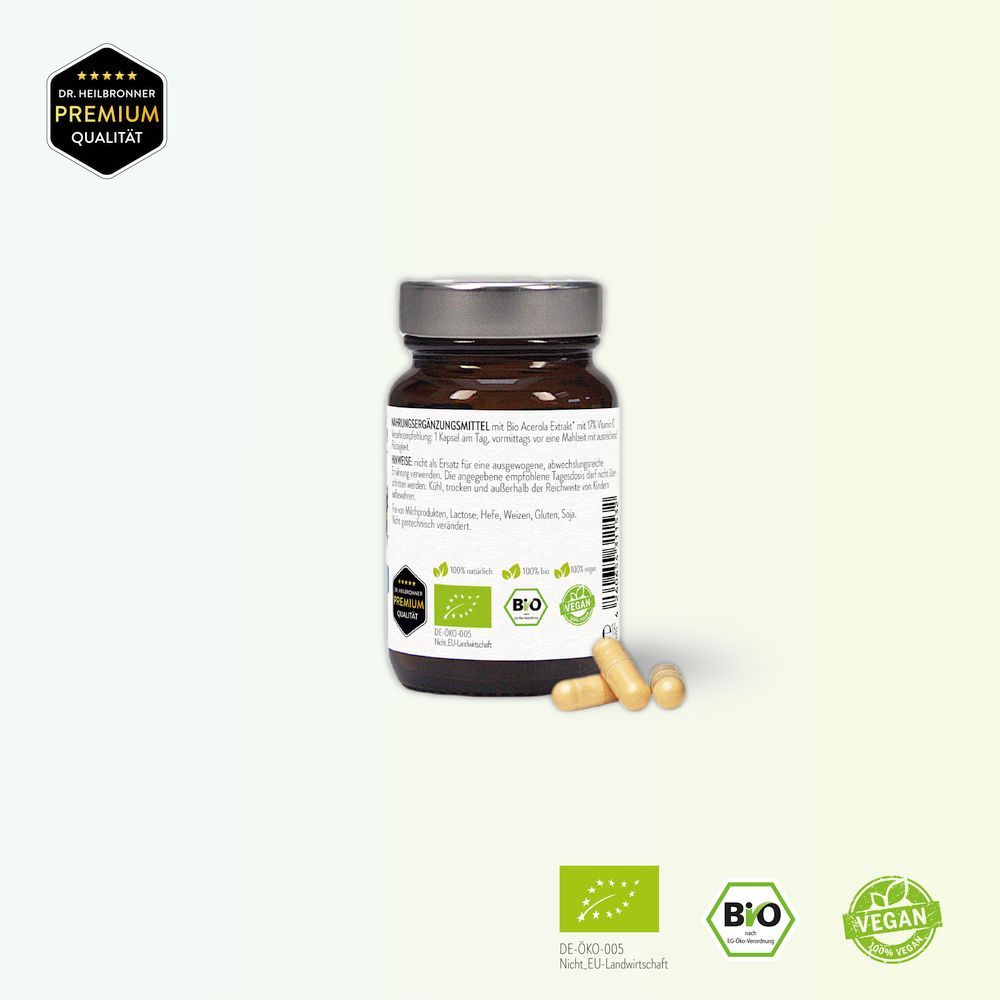 Braune Glasflasche mit Kapseln. Rückseite mit Inhaltsstoffen und Bio-Siegel. Vegan-Siegel. Aufschrift: Bio Acerola Vitamin C.