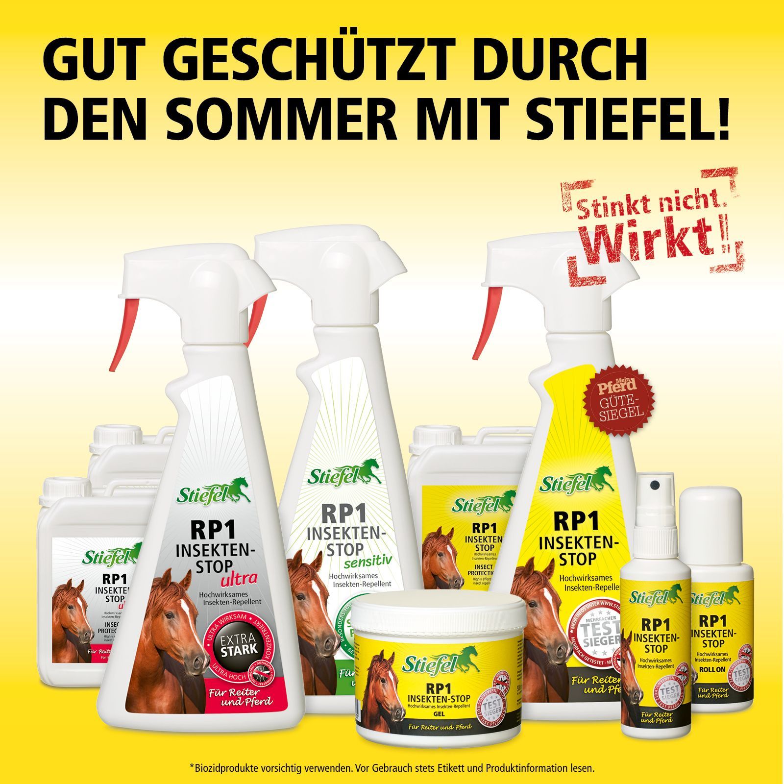 Verschiedene Stiefel RP1 Insekten-Stop Produkte. Sprays, Cremes und Flaschen. Aufdrucke mit Produktnamen und Pferd.