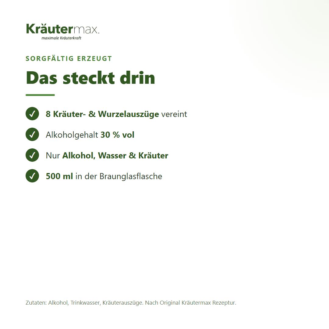 Kräutermax Schwedenbitter: 8 Kräuter- & Wurzel-Auszüge, 30% Alkohol, nur Alkohol, Wasser & Kräuter, 500 ml.