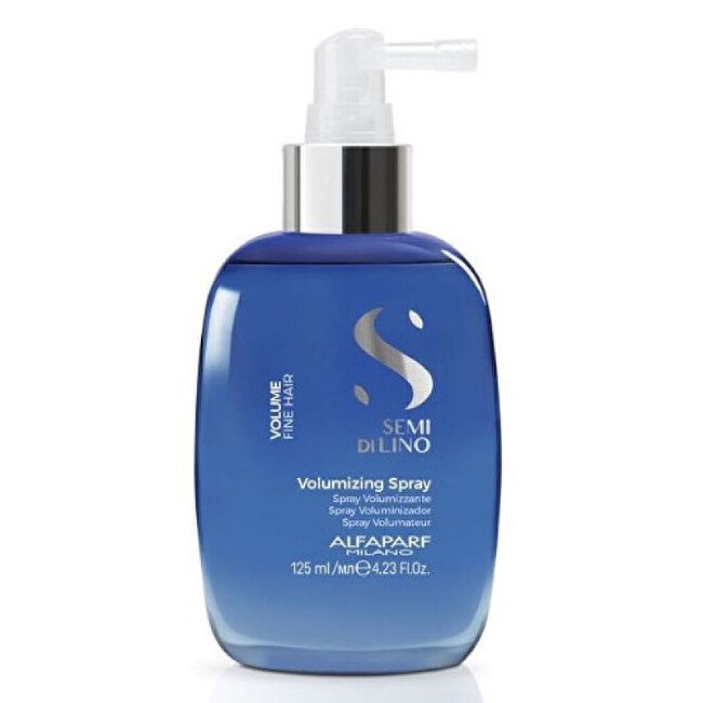 Blauer Flakon mit Pumpspender. Aufschrift: Semi di Lino Volumizing Spray.