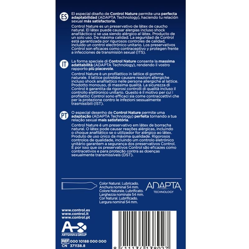 Rückseite der blauen Schachtel "CONTROL NATURE". Text in Spanisch, Italienisch und Portugiesisch. Enthält 6 Kondome.