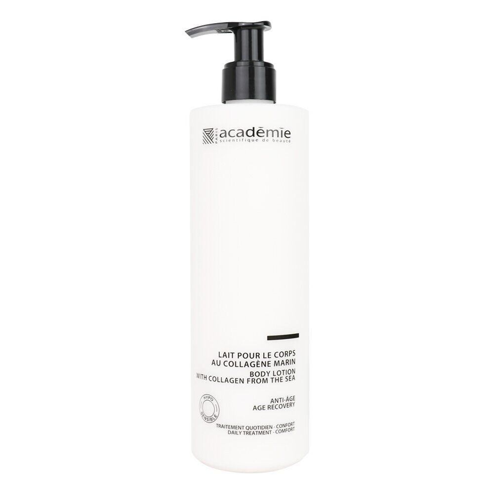 Weiße Flasche mit schwarzem Pumpkopf. Aufschrift: Académie, Lait pour le corps au collagène marin, Body Lotion, Collagen from the sea.