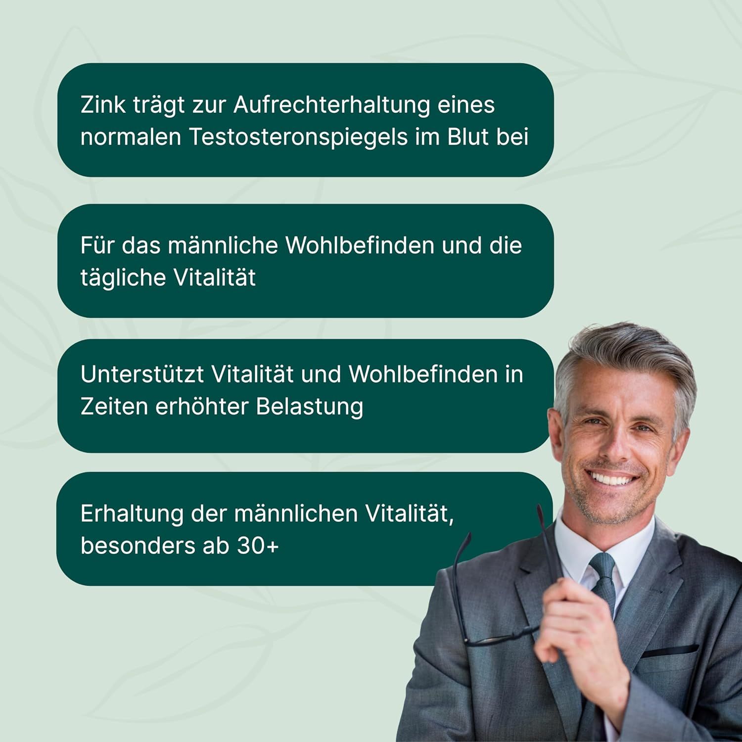 Mann mit Brille, Text auf grünem Hintergrund. Aussagen: Zink für Testosteronspiegel, für männliches Wohlbefinden, unterstützt Vitalität, Erhaltung ab 30+.