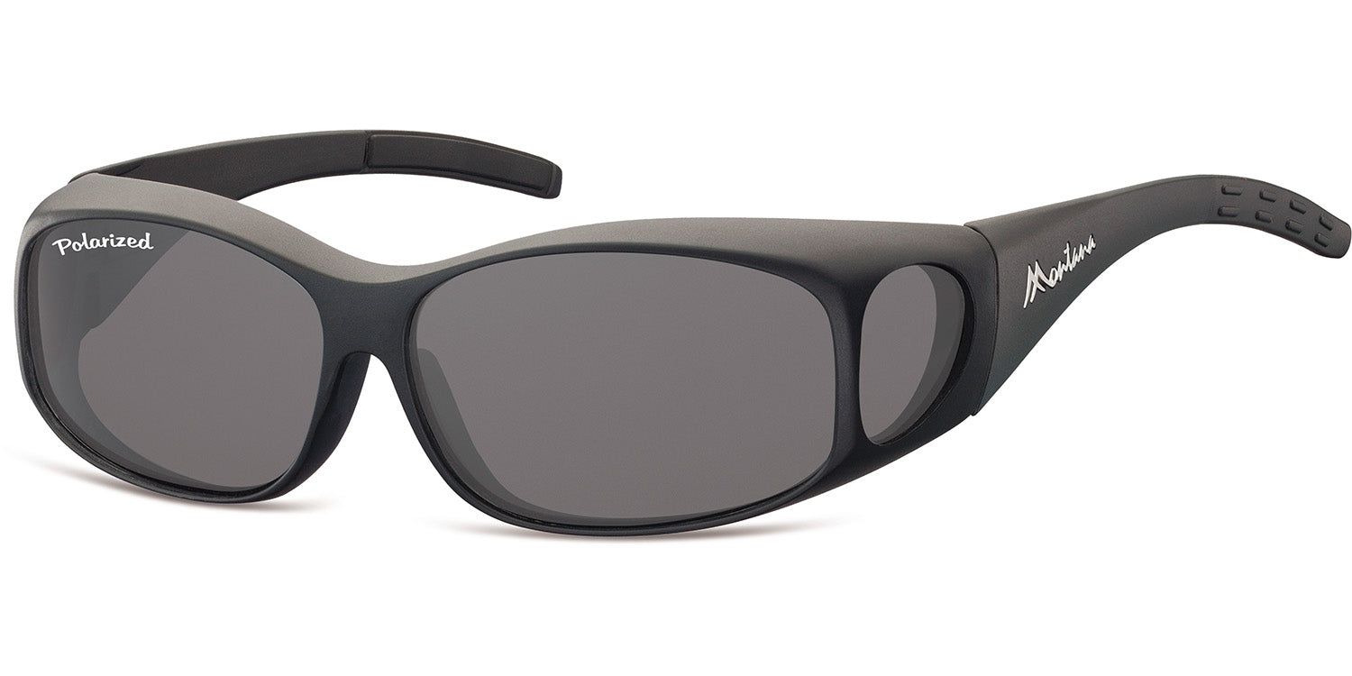 Sonnen-Überbrille, schwarz, mit grau getönten Gläsern. Auf dem Bügel steht 'Montana' und 'Polarized'.
