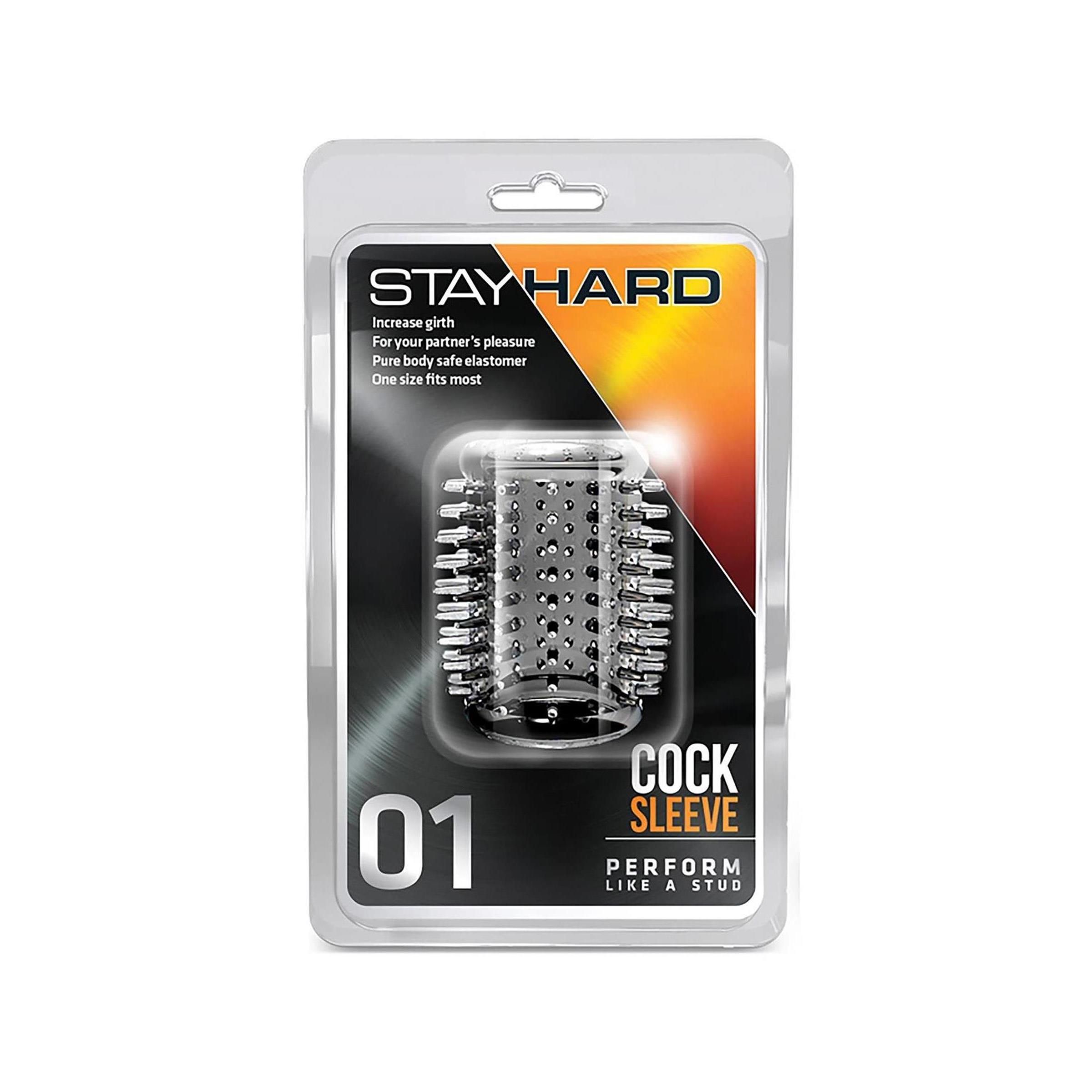 Verpackung mit Sleeve. Aufschrift: STAY HARD, COCK SLEEVE 01. Text: Perform like a stud.