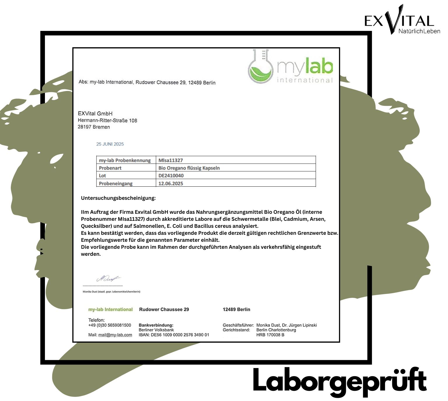 Laborbericht von mylab international. Untersucht auf Schwermetalle, E. coli und Bacillus cereus.