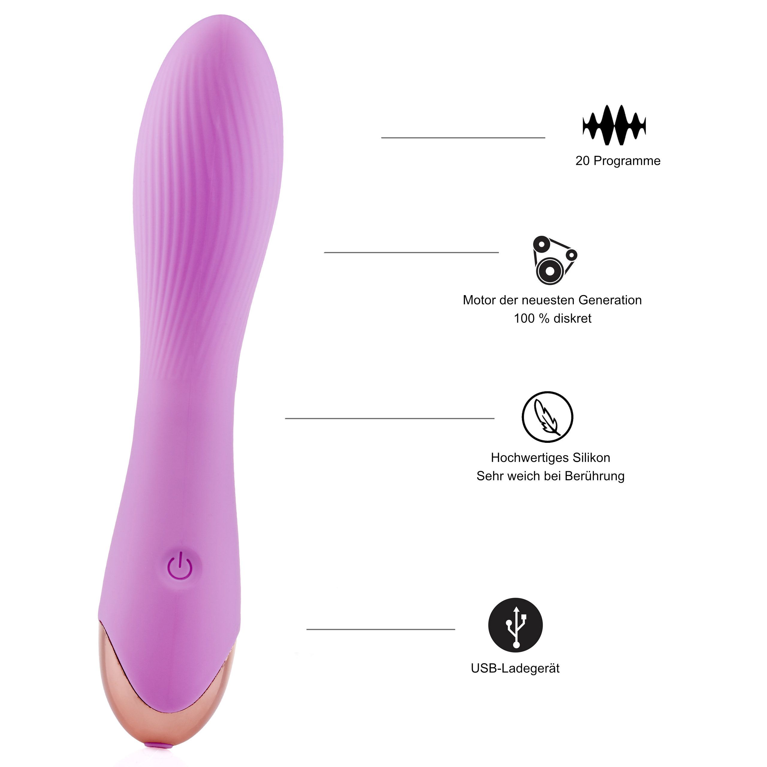Lila Vibrator mit 20 Programmen, neuartigem Motor, Silikon und USB-Ladekabel-Symbol.
