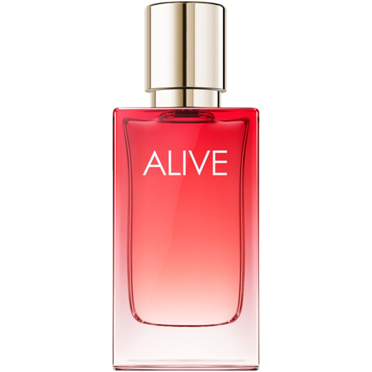 Roter Flakon mit goldfarbenem Deckel. Aufschrift: ALIVE.