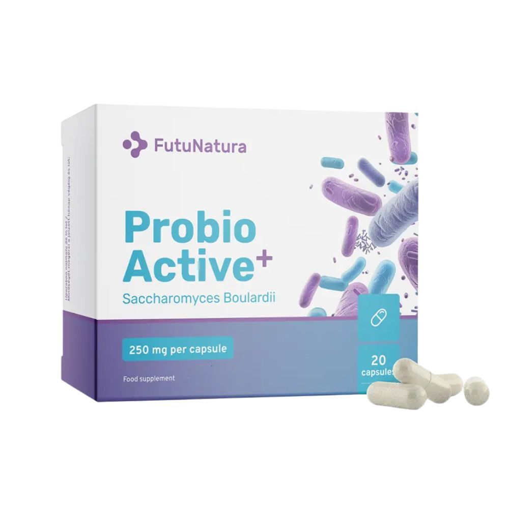 FutuNatura Probio Active PLUS Packung mit Saccharomyces boulardii Kapseln.
