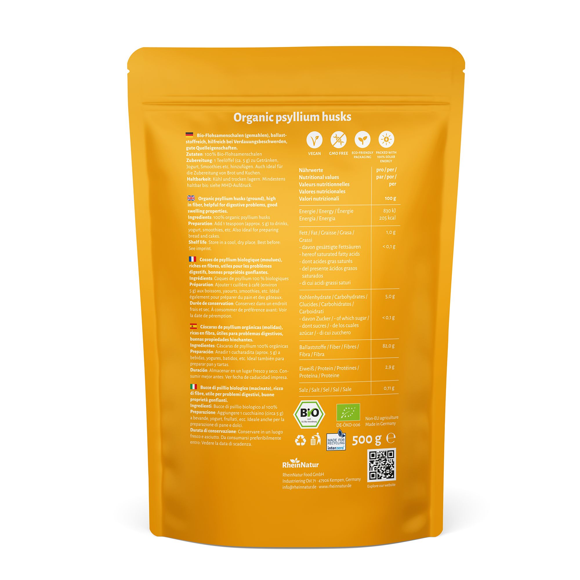 Rückseite des gelben Standbeutels. Textinformationen, Bio-Siegel, Nährwertangaben und 500g-Angabe.