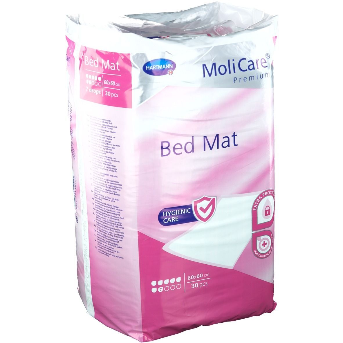 Verpackung MoliCare® Premium Bed Mat. Rosa-weiß. 60x60 cm, 30 Stück. Hygienic Care-Siegel. Extra Protection.