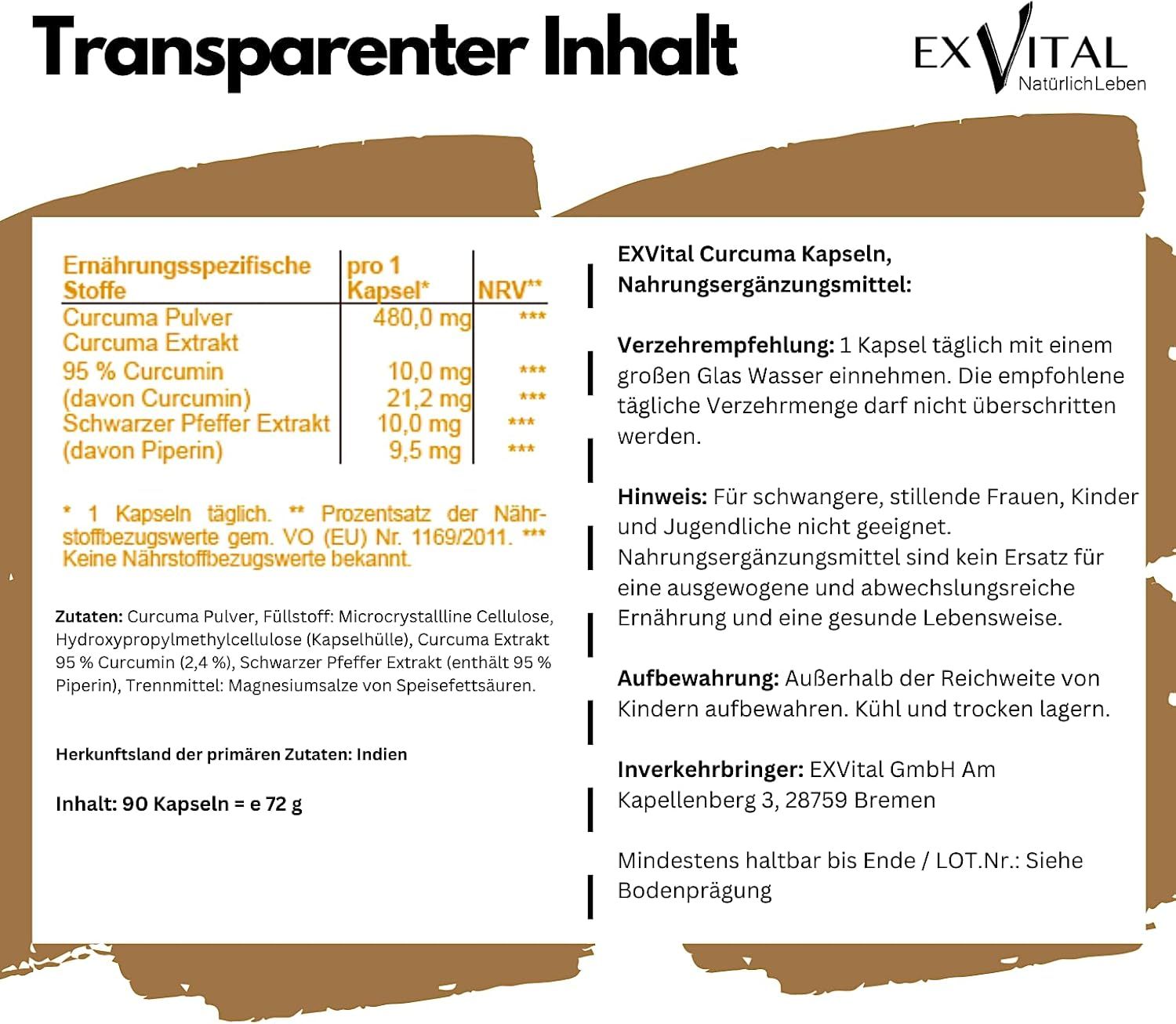 Produktinformationen zu EXVital Curcuma Kapseln. Text: Inhaltsstoffe, Verzehrempfehlung, Hinweise, Aufbewahrung, Hersteller. 90 Kapseln.