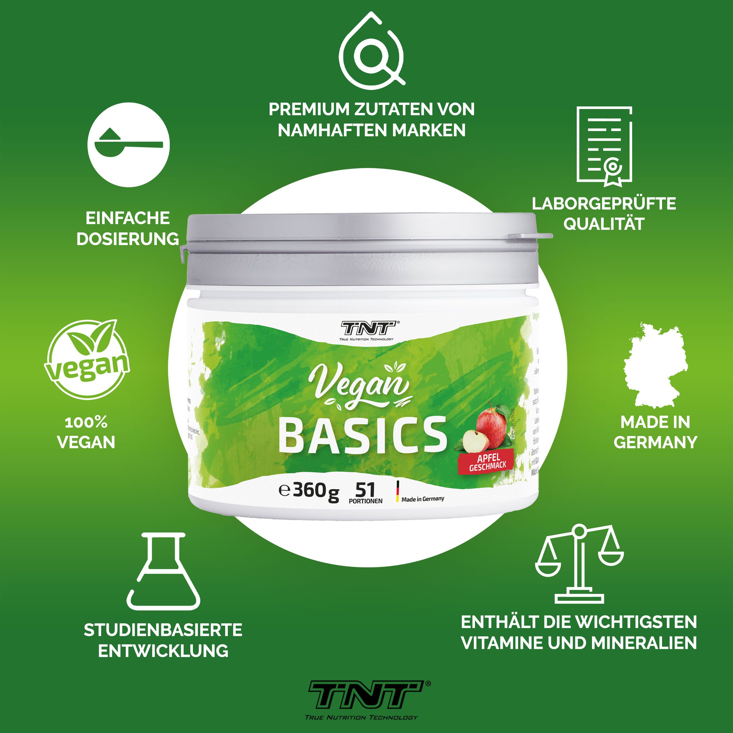 Weißes Dose mit "Vegan Basics"-Aufdruck. Enthält 360g, 51 Portionen. Mit Logos für vegan, Laborgeprüft, Made in Germany. Apfel-Geschmack.