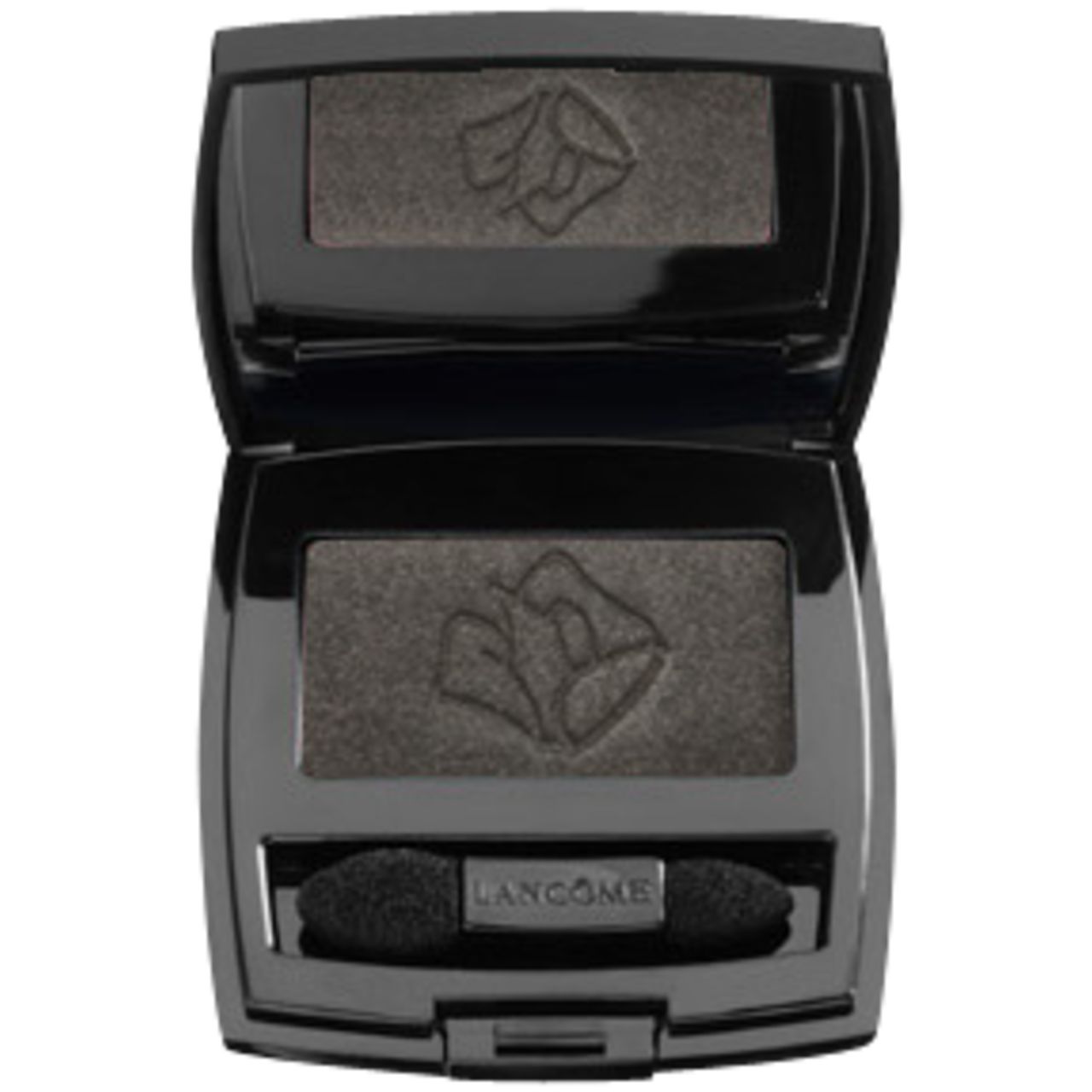 Offener schwarzer Lidschattenbehälter mit grauem Lidschatten und Spiegel. Enthält Applikator und Lancôme-Logo.