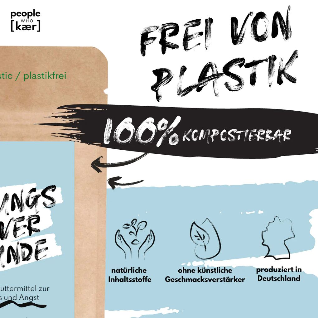 Text: "FREI VON PLASTIK", "100% KOMPOSTIERBAR". Symbole: natürliche Inhaltsstoffe, ohne künstliche Geschmacksverstärker, produziert in Deutschland.
