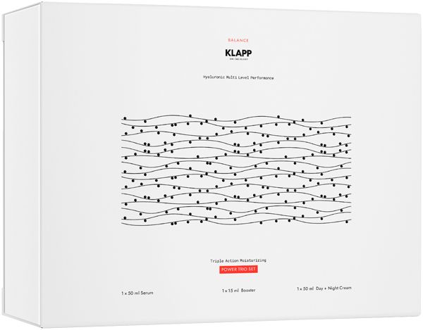 Weiße Verpackung. Aufschrift: KLAPP, Hyaluronic Multi Level Performance, Triple Action Moisturizing. Power-Set.